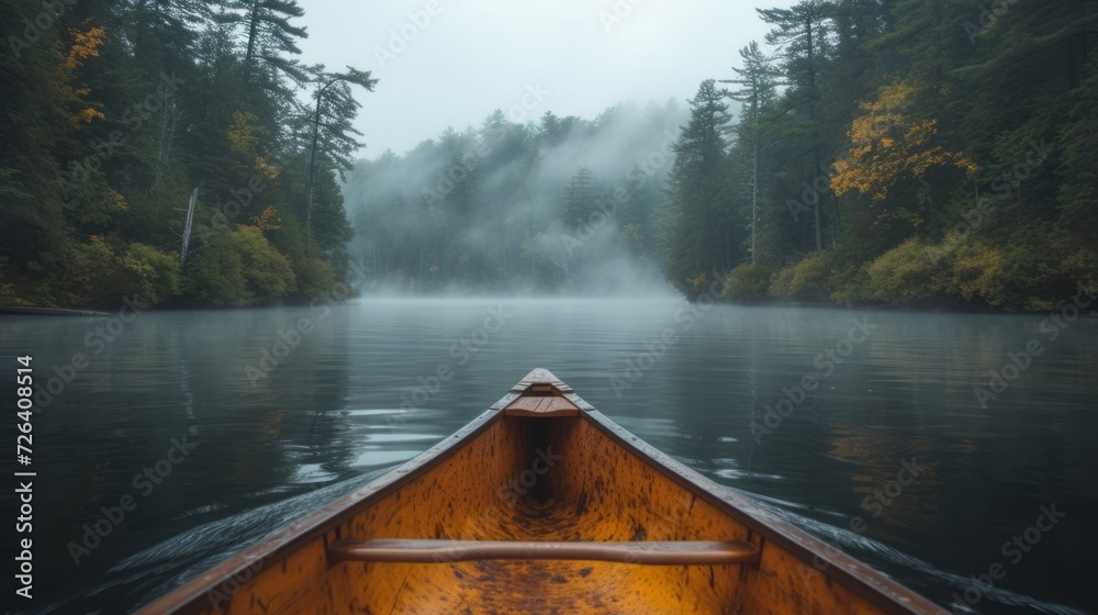 Bow of a canoe in the morning on a misty lake in Ontario, Canada. Bow of a canoe in the morning on a misty lake in Ontario, Canada.