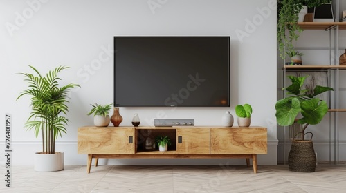 A contemporary living room featuring a sleek wall-mounted TV. Perfect for interior design inspiration or showcasing home entertainment setups photo