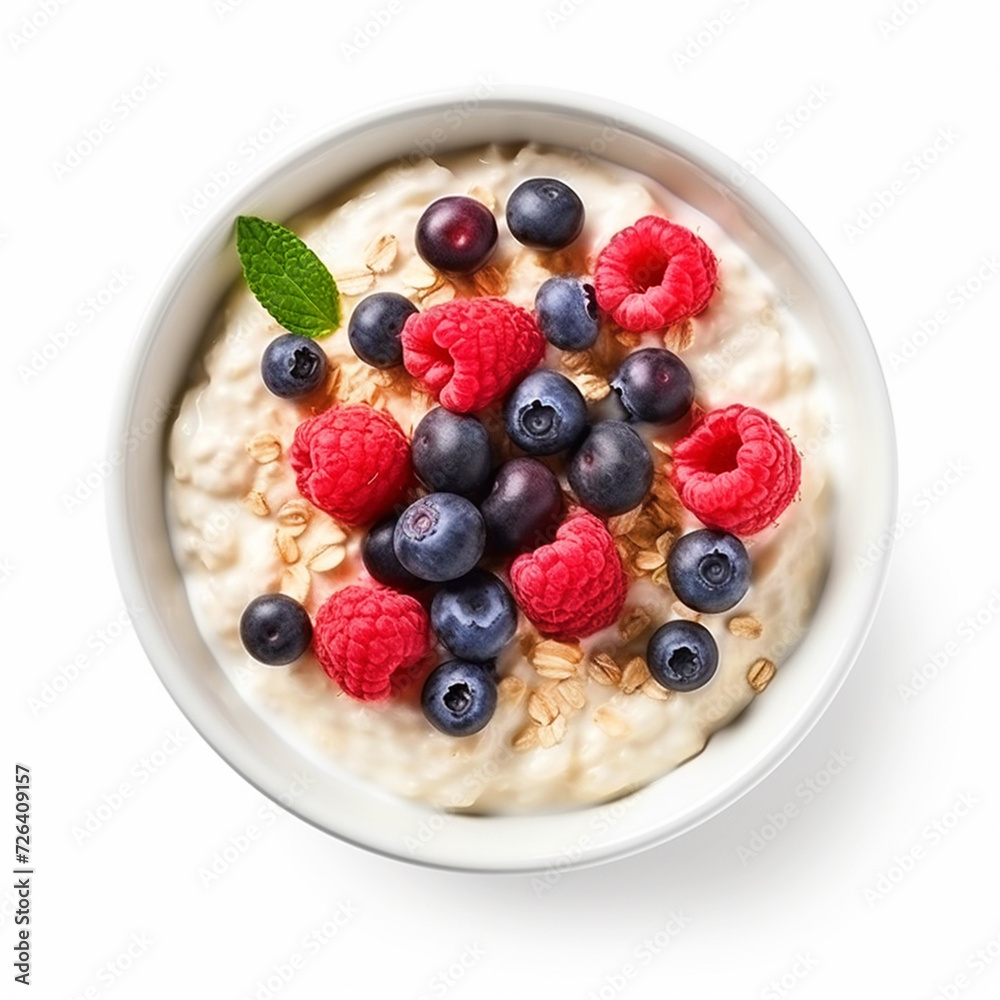 Fototapeta premium Yogurt bowl with berries top view on isolated white background - ai generative