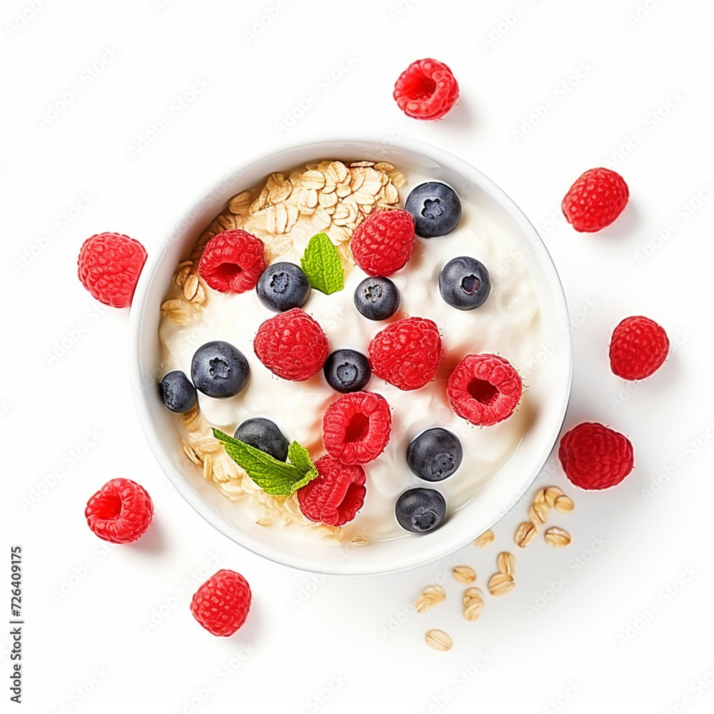 Yogurt bowl with berries top view on isolated white background - ai generative Yogurt bowl with berries top view on isolated white background - ai generative
