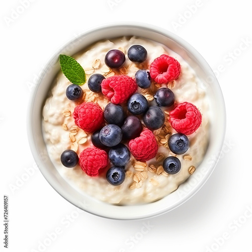 Yogurt bowl with berries top view on isolated white background - ai generative