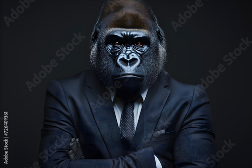 Gorilla animal in a business suits at the studio on isolated background. Generative Ai