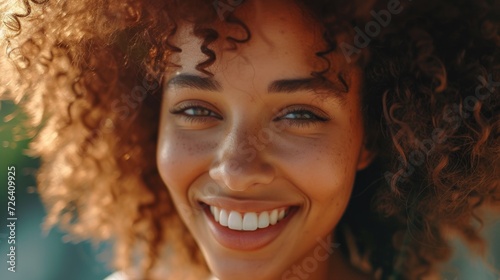 A close up of a smiling woman with curly hair. Perfect for beauty and lifestyle-related projects