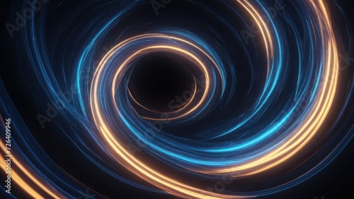 3d render, abstract wallpaper of blue spiral vortex. Hypnotic neon lines. Streaming energy. Particles moving and leaving glowing tracks. Curvy ribbon. generative, ai.