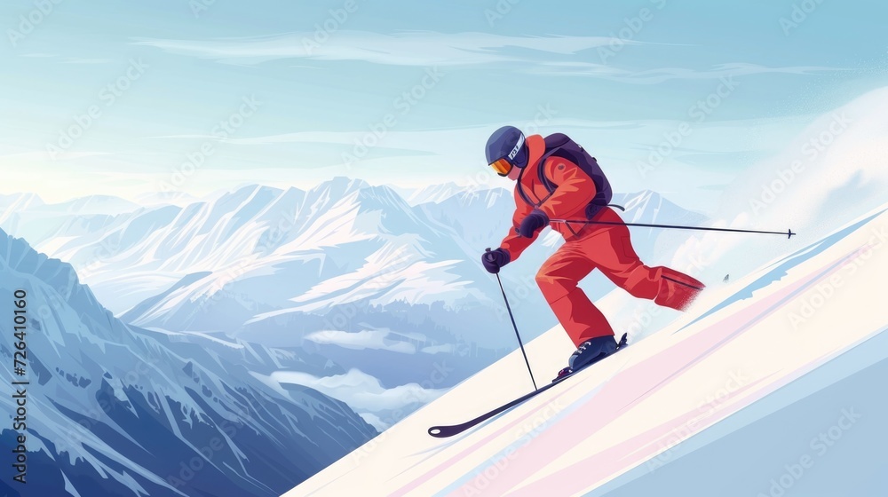 A man riding skis down a snow-covered slope. Perfect for winter sports and outdoor activities A man riding skis down a snow-covered slope. Perfect for winter sports and outdoor activities