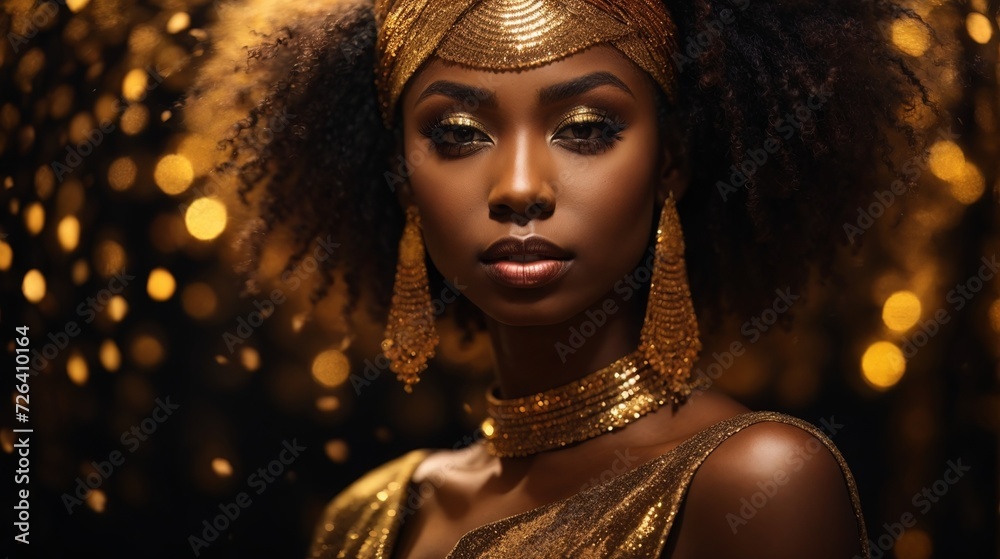 Portrait of beautiful African woman in national traditional costume with golden shiny makeup on dark background with lights. AI banner