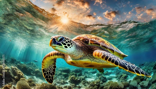 Tartaruga ambientalista recolhendo lixo no mar