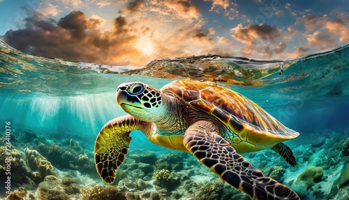 Tartaruga ambientalista recolhendo lixo no mar photo