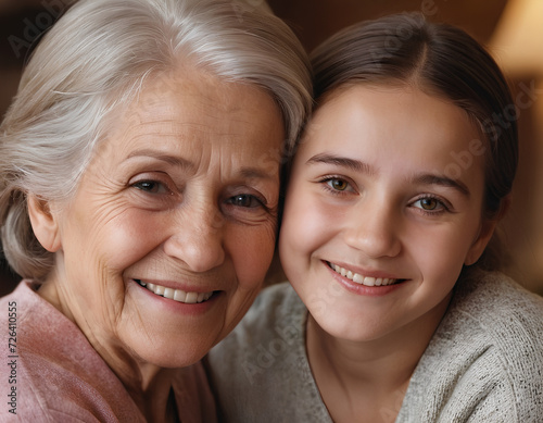 Portrait of smiling grandmother and granddaughter hugging. Closeup photo portrait of a beautiful elderly senior woman with gray hair smiling with clean teeth, generative AI
