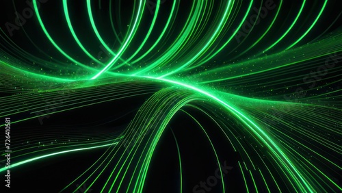 3d render, abstract wallpaper. Digital data transfer. Green glowing lines over black background. Streaming energy. Particles moving and leaving tracks. Scientific waves and vortex. generative, ai.