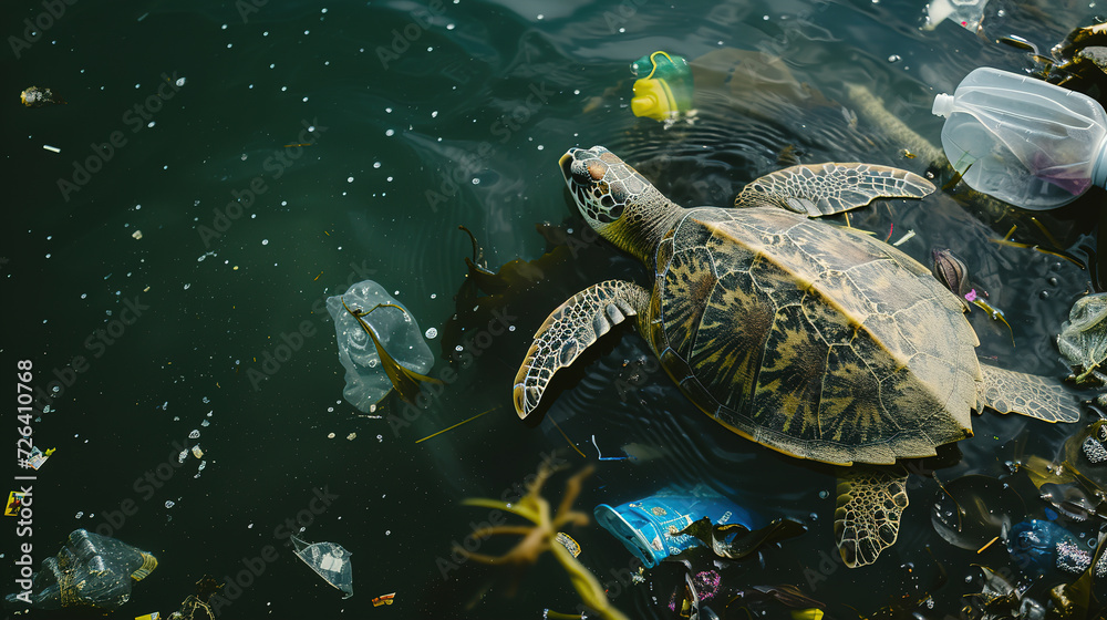 Obraz premium A sea turtle swims among the debris in the water. The concept of ocean pollution. against the background of the sea.