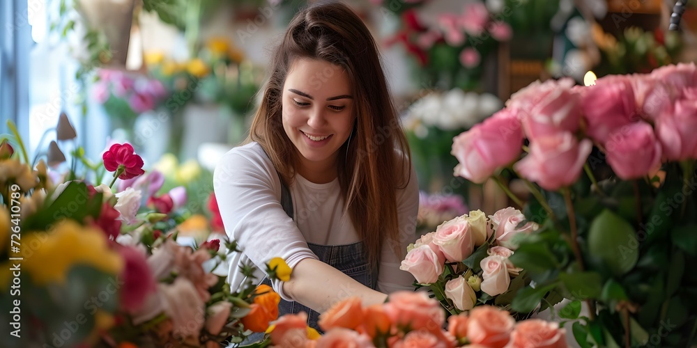Smiling woman arranging fresh flowers in a cozy flower shop. artistic composition, everyday elegance. bloom hobby and business. AI