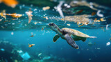 A sea turtle swims among the debris in the water. The concept of ocean pollution. against the background of the sea.