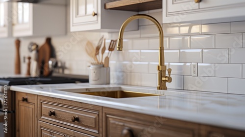 A modern kitchen with a luxurious gold faucet and a sleek white tile backsplash. Perfect for home renovation projects or interior design inspiration photo