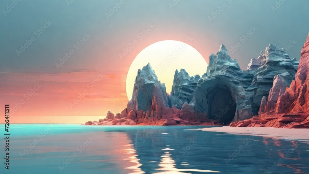 3d render, futuristic landscape with cliffs and water. Modern minimal abstract background. Spiritual zen wallpaper with sunset or sunrise light. generative, ai. - obrazy, fototapety, plakaty 