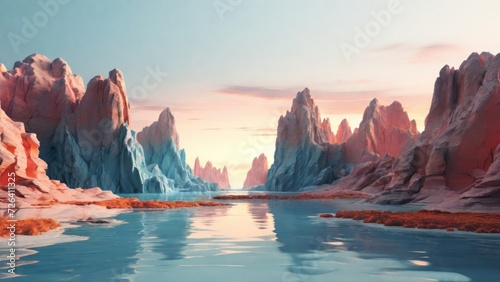 3d render, futuristic landscape with cliffs and water. Modern minimal abstract background. Spiritual zen wallpaper with sunset or sunrise light. generative, ai.