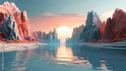 3d render, futuristic landscape with cliffs and water. Modern minimal abstract background. Spiritual zen wallpaper with sunset or sunrise light. generative, ai.