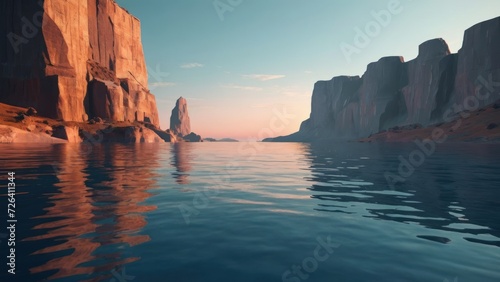 3d render, futuristic landscape with cliffs and water. Modern minimal abstract background. Spiritual zen wallpaper with sunset or sunrise light. generative, ai.