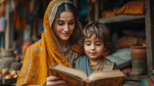 Indian mom with baby reading book photo