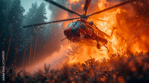 Firefighting helicopter extinguishing fire in the forest, everything is on fire around, the sky is all in smoke photo