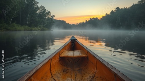 Bow of a canoe in the morning on a misty lake in Ontario, Canada. 