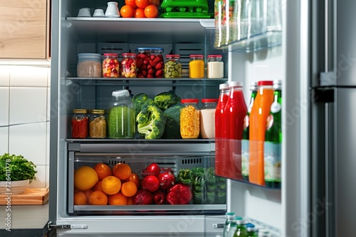 Wallpaper Mural A refrigerator filled with a diverse selection of food. Ideal for illustrating food storage, grocery shopping, or healthy eating concepts Torontodigital.ca