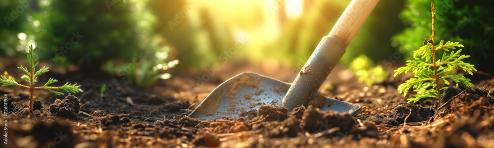 Big shovel is stuck in cultivated soil for planting young small spruce tree in coniferous garden. - obrazy, fototapety, plakaty 