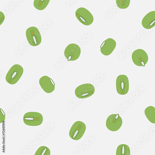 Mung beans, green Asian bean peas isolated on light gray background. Pulses from India. Vector illustration, seamless pattern.
