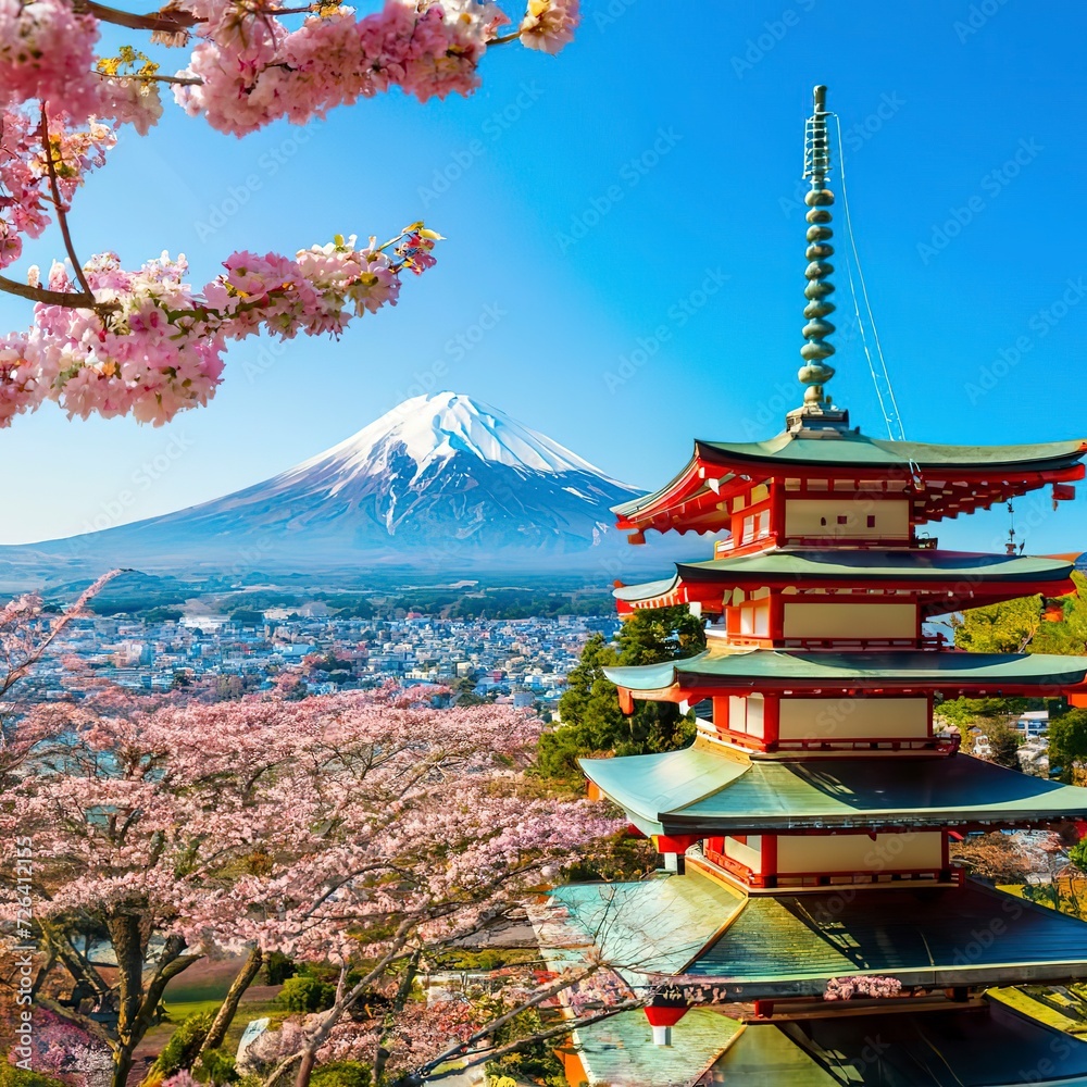Fujiyoshida, Japan at Chureito Pagoda and Mt. Fuji in the spring with cherry blossoms