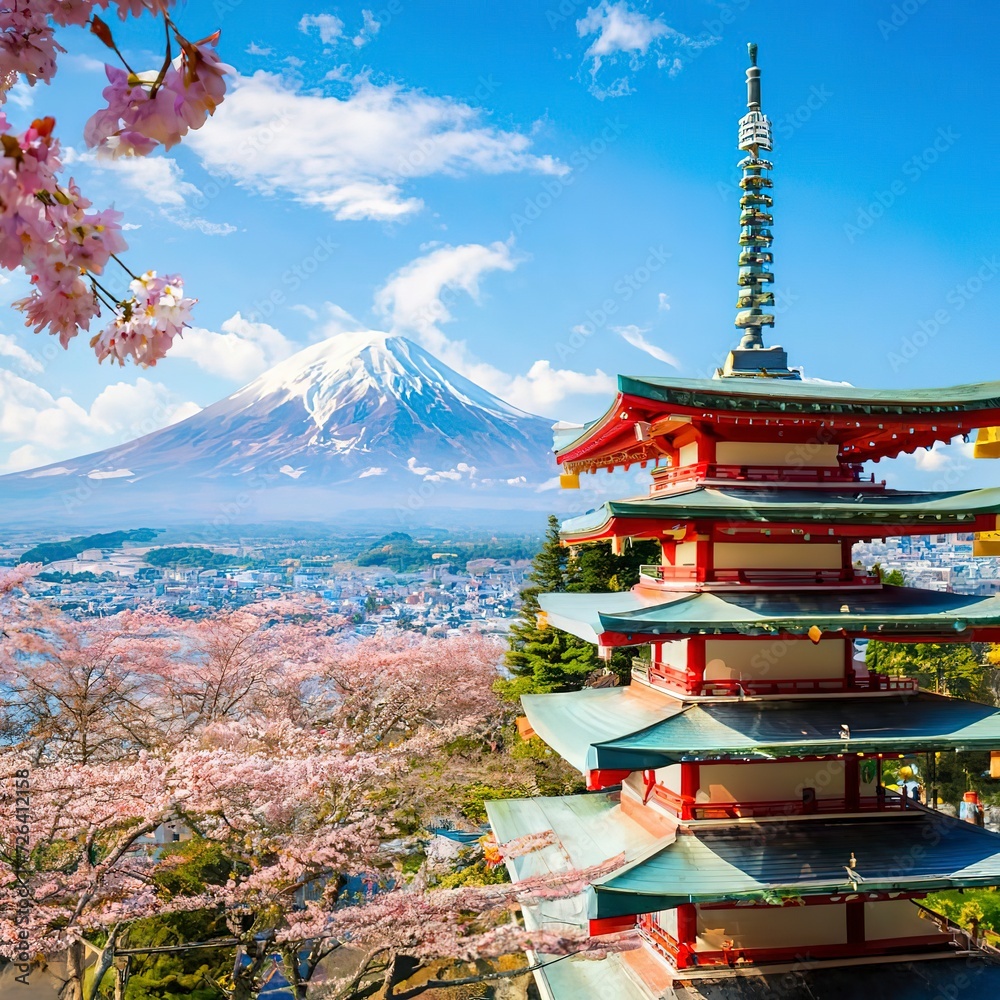 Fujiyoshida, Japan at Chureito Pagoda and Mt. Fuji in the spring with cherry blossoms