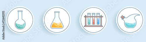 A set of stickers with the image of laboratory chemical glassware flasks, test tubes, dropper. Modern flat style