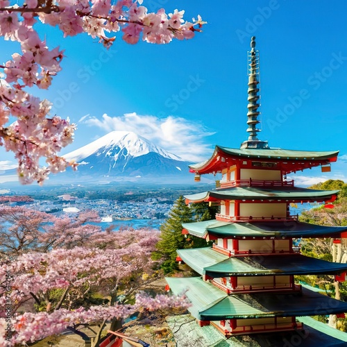 Fujiyoshida  Japan at Chureito Pagoda and Mt. Fuji in the spring with cherry blossoms