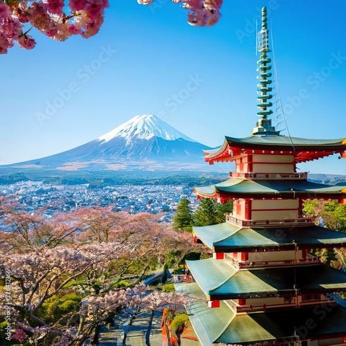 Fujiyoshida  Japan at Chureito Pagoda and Mt. Fuji in the spring with cherry blossoms