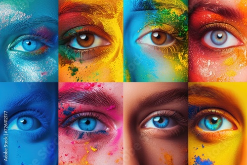 A vibrant collage of different colored eyes featuring a woman's face. This eye-catching image can be used in various projects