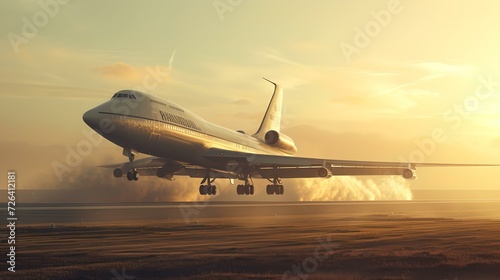Commercial airplane taking off at sunset with dynamic motion blur. contemporary aviation, travel and transportation concept. AI
