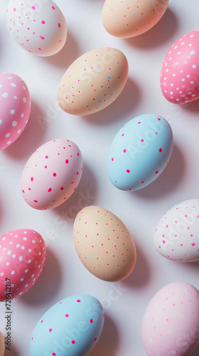 Aesthetic flat lay of pastel coloured Easter eggs with dots. White background. Copy space. Generative AI