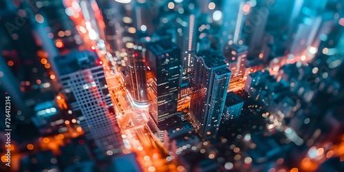 Vibrant cityscape at night with glowing lights and bustling urban life captured in a dynamic aerial view. ideal for modern city-themed projects. AI