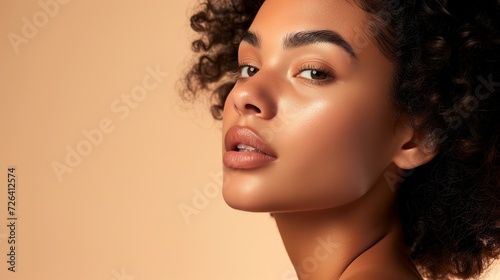 Portrait of a young beautiful African American woman with perfectly healthy clean skin on a beige background. Horizontal beauty banner skin care concept with space for text.