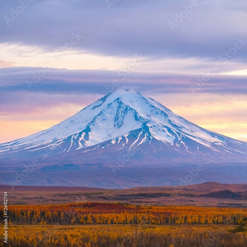 The Avachinsky volcano in Kamchatka in the autumn with a snow-covered top. Selective focus