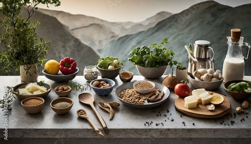 Arbeitsfläche mit frischen Zutaten, elegant arrangiert - perfekt für Food-Blogger und Kochbuchillustrationen photo