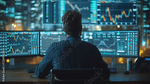Professional Analyzing Real-Time Data on Multiple Computer Screens, Stock Market Trading Floor