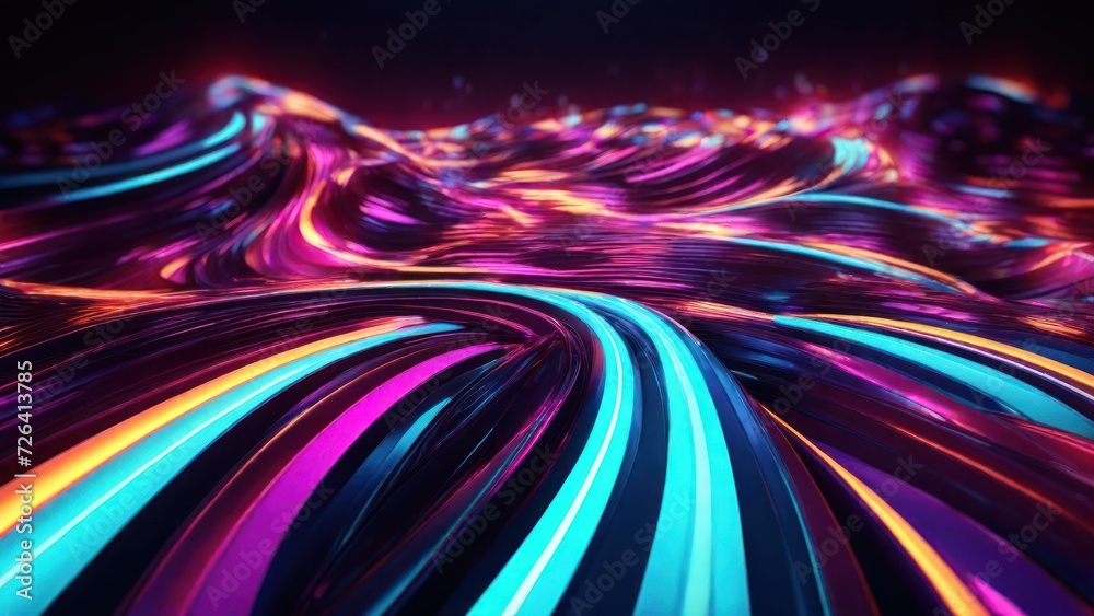 3d render. Abstract fantastic neon background. Colorful speedway lines. Glowing energy stream, power jet, curvy ribbon. generative, ai.