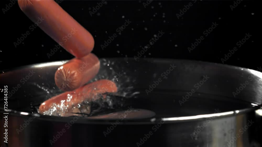 The sausages fall into a pot of water. Filmed on a high-speed camera at 1000 fps. High quality FullHD footage