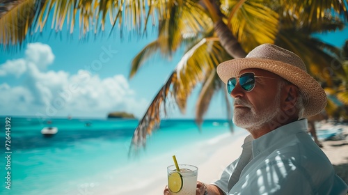 Man savoring margarita on sunny beach during summer heatwave, with space for personalized text © Ilja