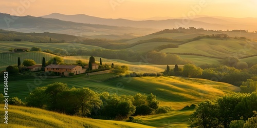 Serene tuscany landscape at sunrise, gentle hills and farmhouse, ideal for wall art or travel brochure. AI