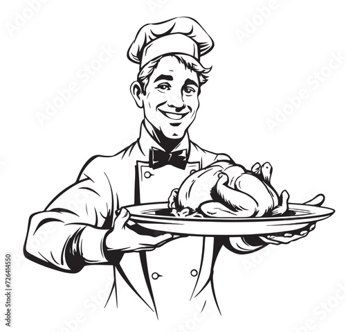 Vector illustration of a sketch of a chef in the hat ,holding the chicken in his hands