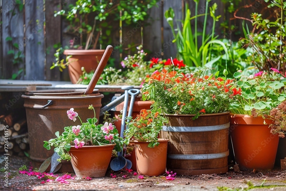 Gardening tools and flower pots on a wooden table in the garden