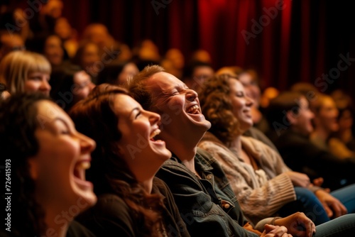 audience in a theater laughing at a standup comedians performance photo