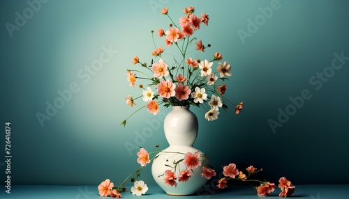 vase with flowers on simple green background. Decorative ceramic vase with colourful flowers. Flower centrepiece for home decor