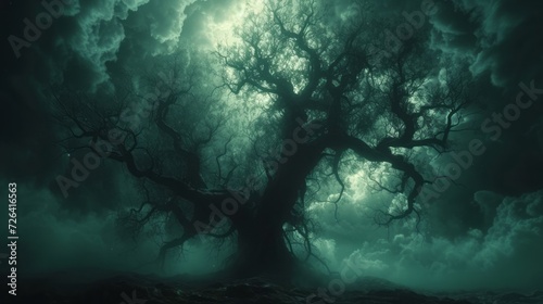 Silhouette dead tree on dark dramatic sky and white clouds background